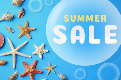 Image of Seasonal discount flyer. Words Summer Sale, shells and sea stars on blue background, top view