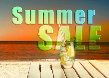 Image of Seasonal discount flyer with words Summer Sale and cocktail on beach