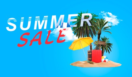 Image of Seasonal discount flyer. Words Summer Sale, pile of sand with beach umbrella, palm trees, suitcases and ball on blue background