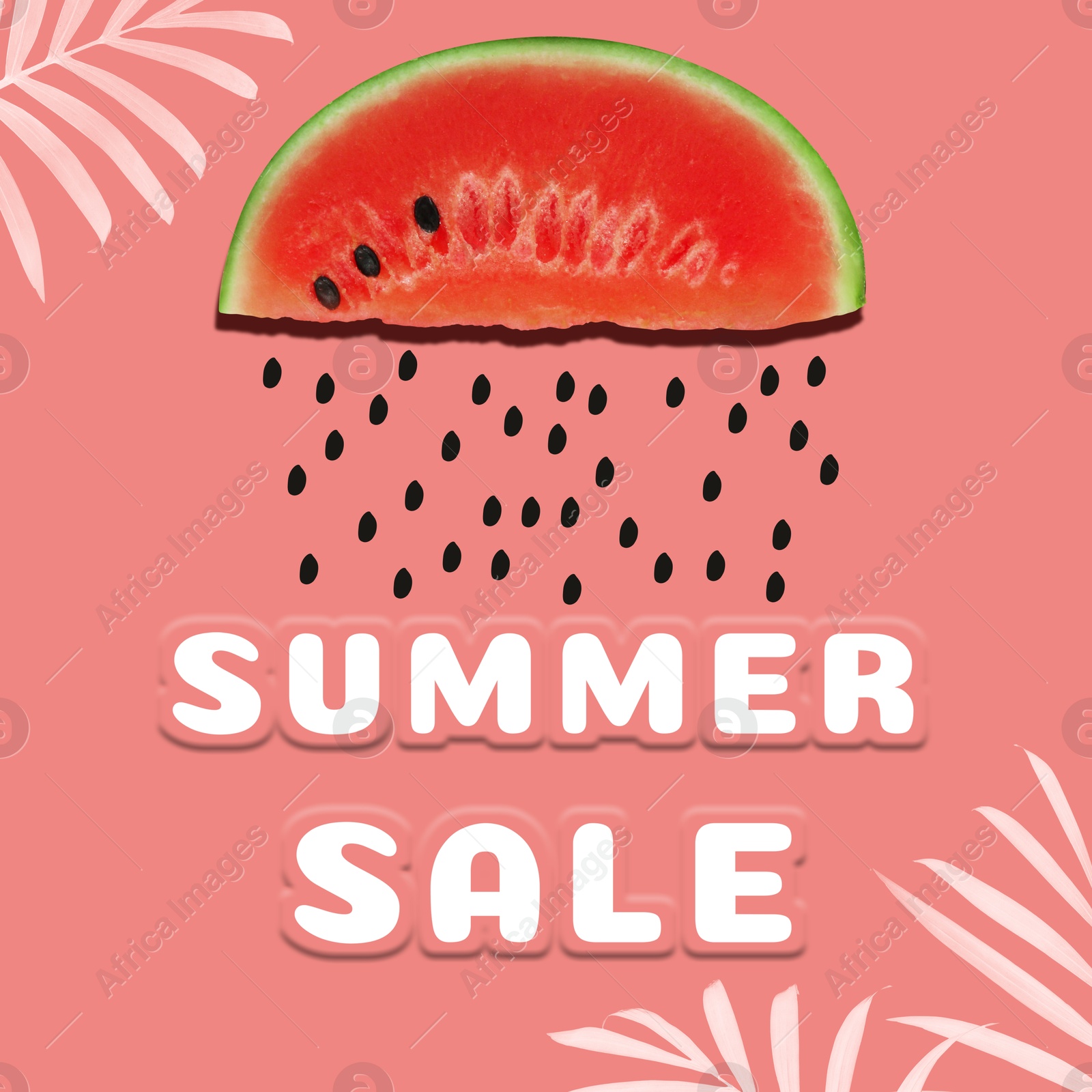 Seasonal discount flyer. Words Summer Sale and piece of juicy watermelon on pink background Image of Seasonal discount flyer. Words Summer Sale and piece of juicy watermelon on pink background
