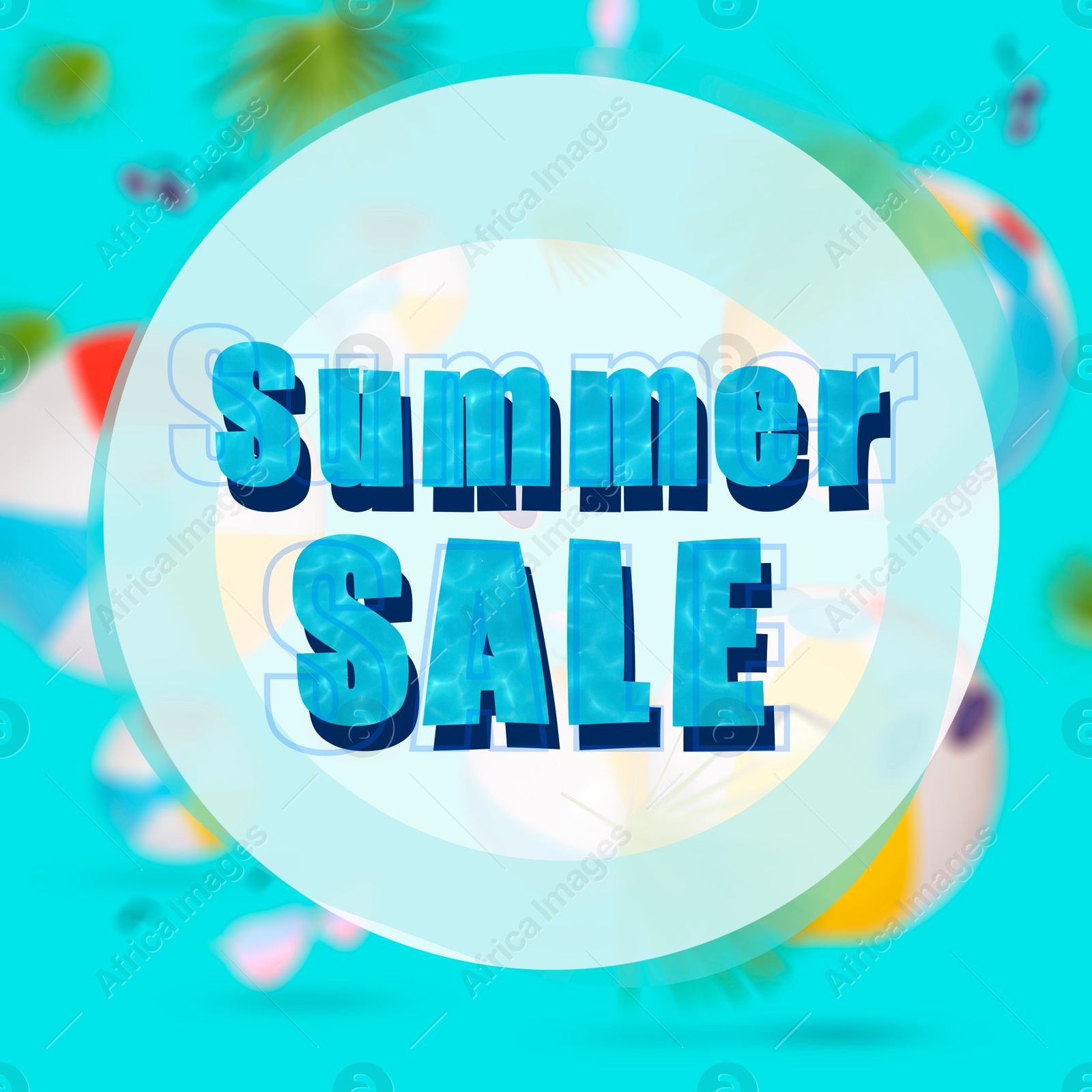 Seasonal discount flyer with words Summer Sale and different beach items on light blue background Image of Seasonal discount flyer with words Summer Sale and different beach items on light blue background