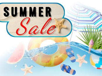 Image of Seasonal discount flyer with words Summer Sale, water and different beach items