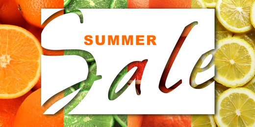 Image of Seasonal discount flyer with words Summer Sale and citrus fruits