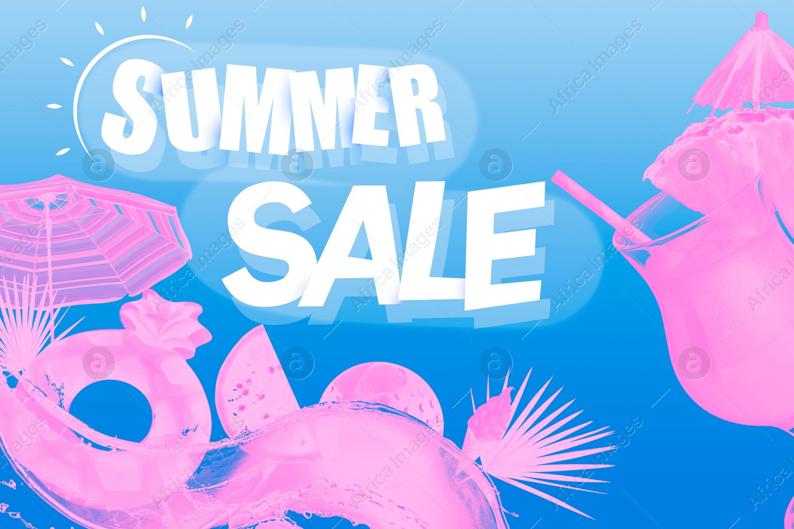 Seasonal discount flyer with words Summer Sale, cocktail and different beach items on blue gradient background Image of Seasonal discount flyer with words Summer Sale, cocktail and different beach items on blue gradient background