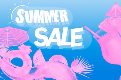 Image of Seasonal discount flyer with words Summer Sale, cocktail and different beach items on blue gradient background
