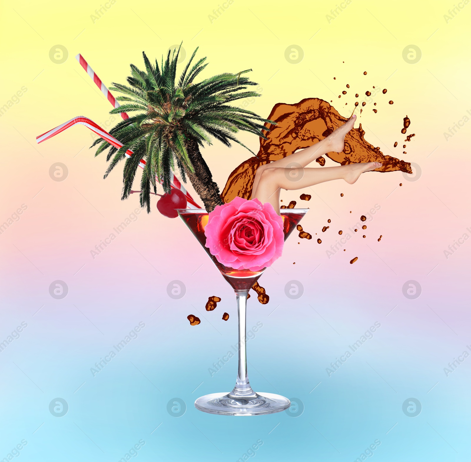 Summer party vibe. Creative collage with woman in glass of splashing Manhattan cocktail, palm and rose on color gradient background Image of Summer party vibe. Creative collage with woman in glass of splashing Manhattan cocktail, palm and rose on color gradient background