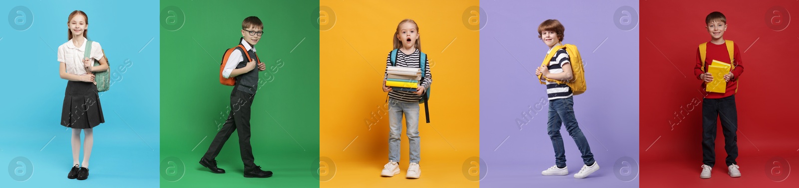 Cute school children with backpacks on different color backgrounds. Back to school. Collage of photos Image of Cute school children with backpacks on different color backgrounds. Back to school. Collage of photos