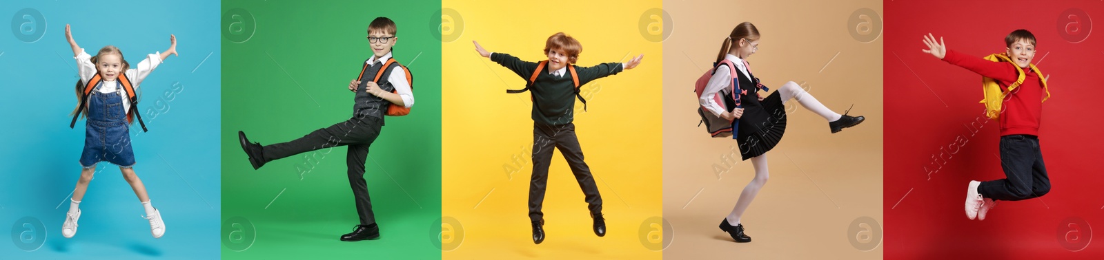 Cute school children with backpacks on different color backgrounds. Back to school. Collage of photos Image of Cute school children with backpacks on different color backgrounds. Back to school. Collage of photos