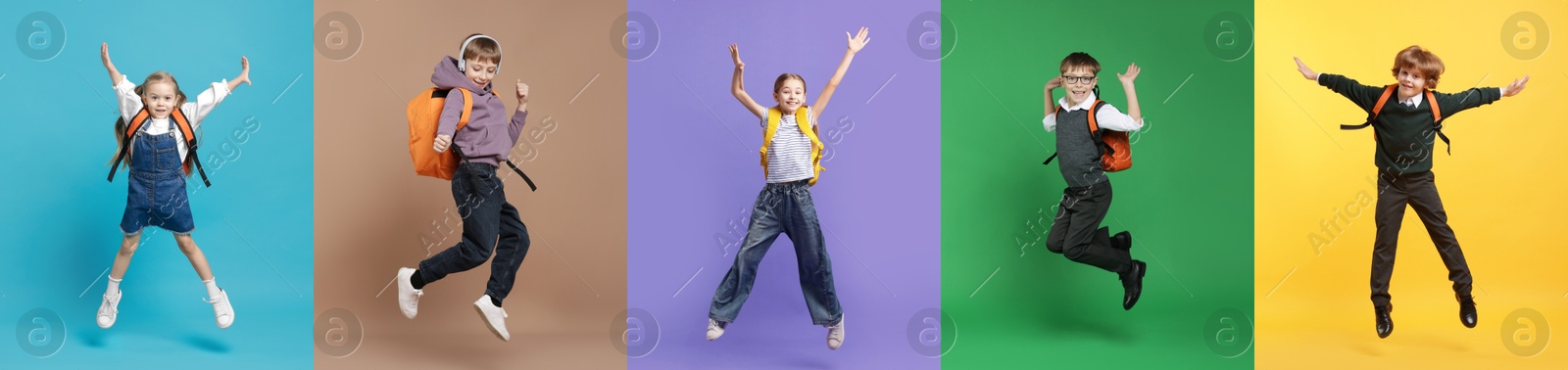 Cute school children with backpacks on different color backgrounds. Back to school. Collage of photos Image of Cute school children with backpacks on different color backgrounds. Back to school. Collage of photos