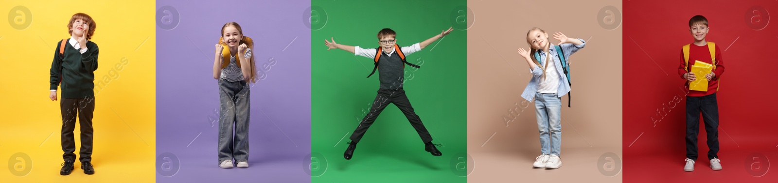 Cute school children with backpacks on different color backgrounds. Back to school. Collage of photos Image of Cute school children with backpacks on different color backgrounds. Back to school. Collage of photos