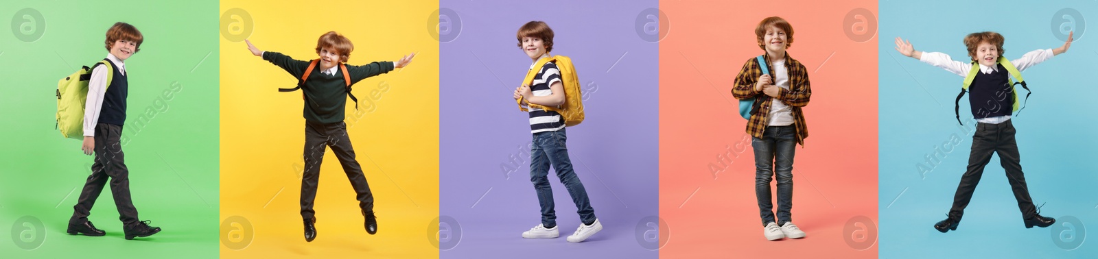 Cute schoolboy on different color backgrounds. Back to school. Collage of photos Image of Cute schoolboy on different color backgrounds. Back to school. Collage of photos