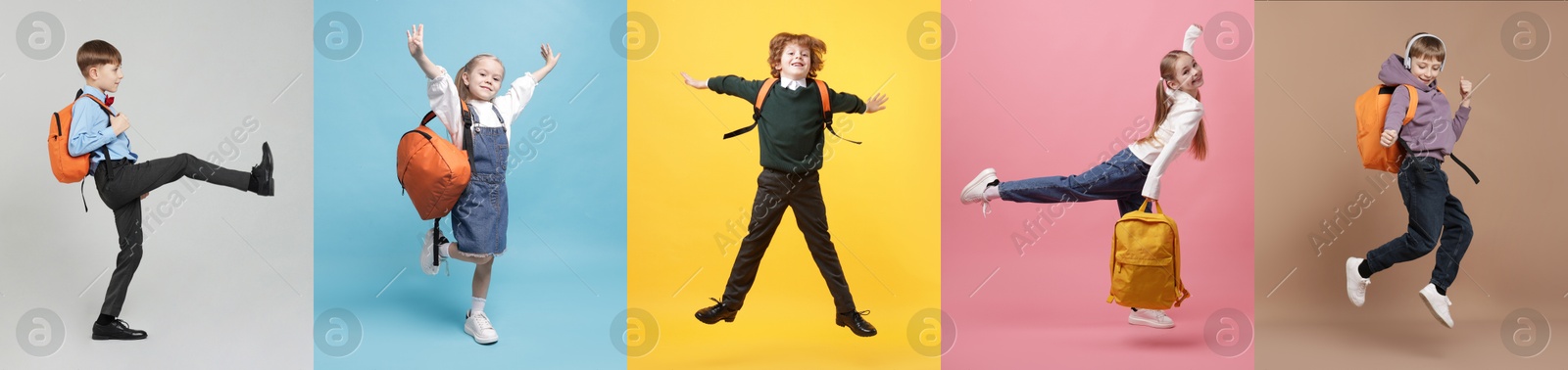 Cute school children with backpacks on different color backgrounds. Back to school. Collage of photos Image of Cute school children with backpacks on different color backgrounds. Back to school. Collage of photos
