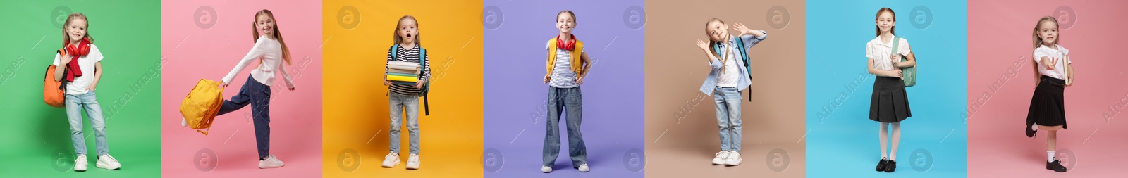 Cute school children on different color backgrounds, collage of photos Image of Cute school children on different color backgrounds, collage of photos