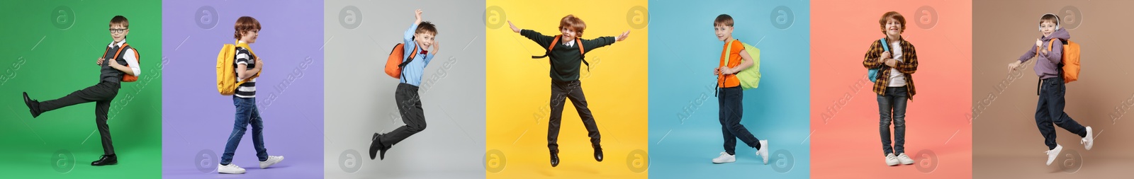 Cute school children with backpacks on different color backgrounds, collage of photos Image of Cute school children with backpacks on different color backgrounds, collage of photos