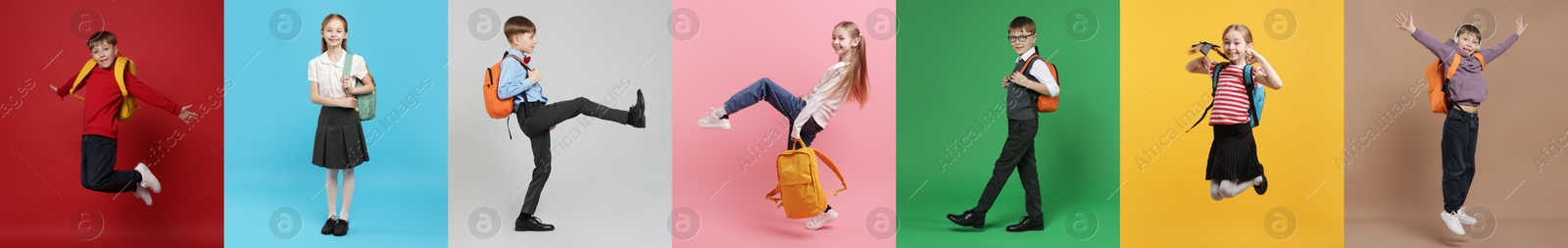 Cute school children with backpacks on different color backgrounds, collage of photos Image of Cute school children with backpacks on different color backgrounds, collage of photos