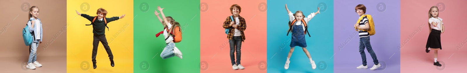 Cute school children on different color backgrounds, collage of photos. Back to school Image of Cute school children on different color backgrounds, collage of photos. Back to school