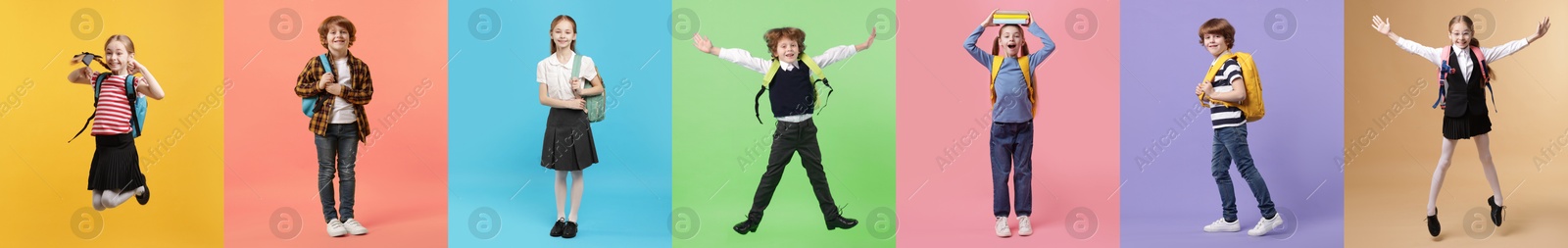 Cute school children with backpacks on different color backgrounds, collage of photos Image of Cute school children with backpacks on different color backgrounds, collage of photos
