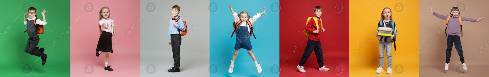 Cute school children on different color backgrounds, collage of photos Image of Cute school children on different color backgrounds, collage of photos