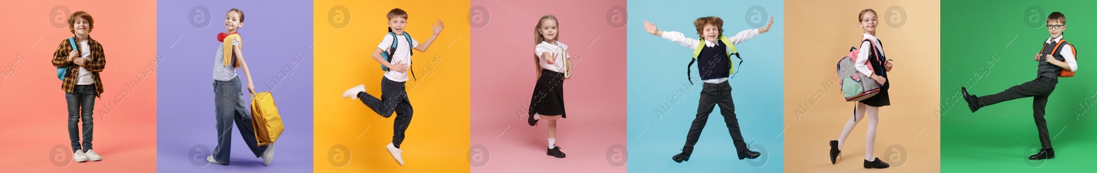 Cute school children on different color backgrounds, collage of photos Image of Cute school children on different color backgrounds, collage of photos