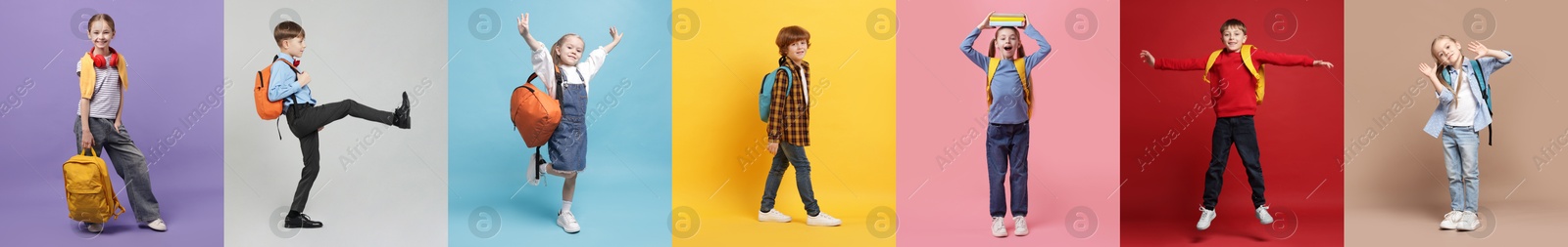 Cute school children with backpacks on different color backgrounds, collage of photos Image of Cute school children with backpacks on different color backgrounds, collage of photos