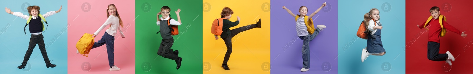 Cute school children with backpacks on different color backgrounds, collage of photos Image of Cute school children with backpacks on different color backgrounds, collage of photos