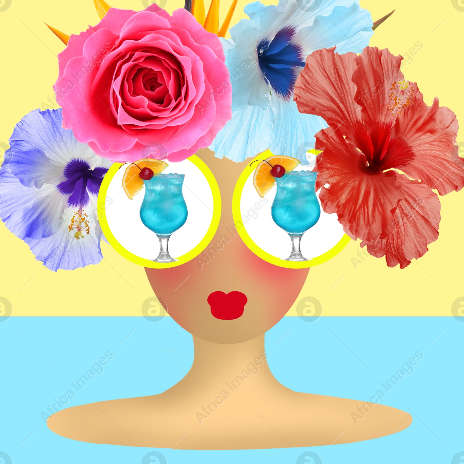Creative artwork. Blue Lagoon cocktails and flowers instead of woman's hair and sunglasses on color background. Party vibe Image of Creative artwork. Blue Lagoon cocktails and flowers instead of woman's hair and sunglasses on color background. Party vibe