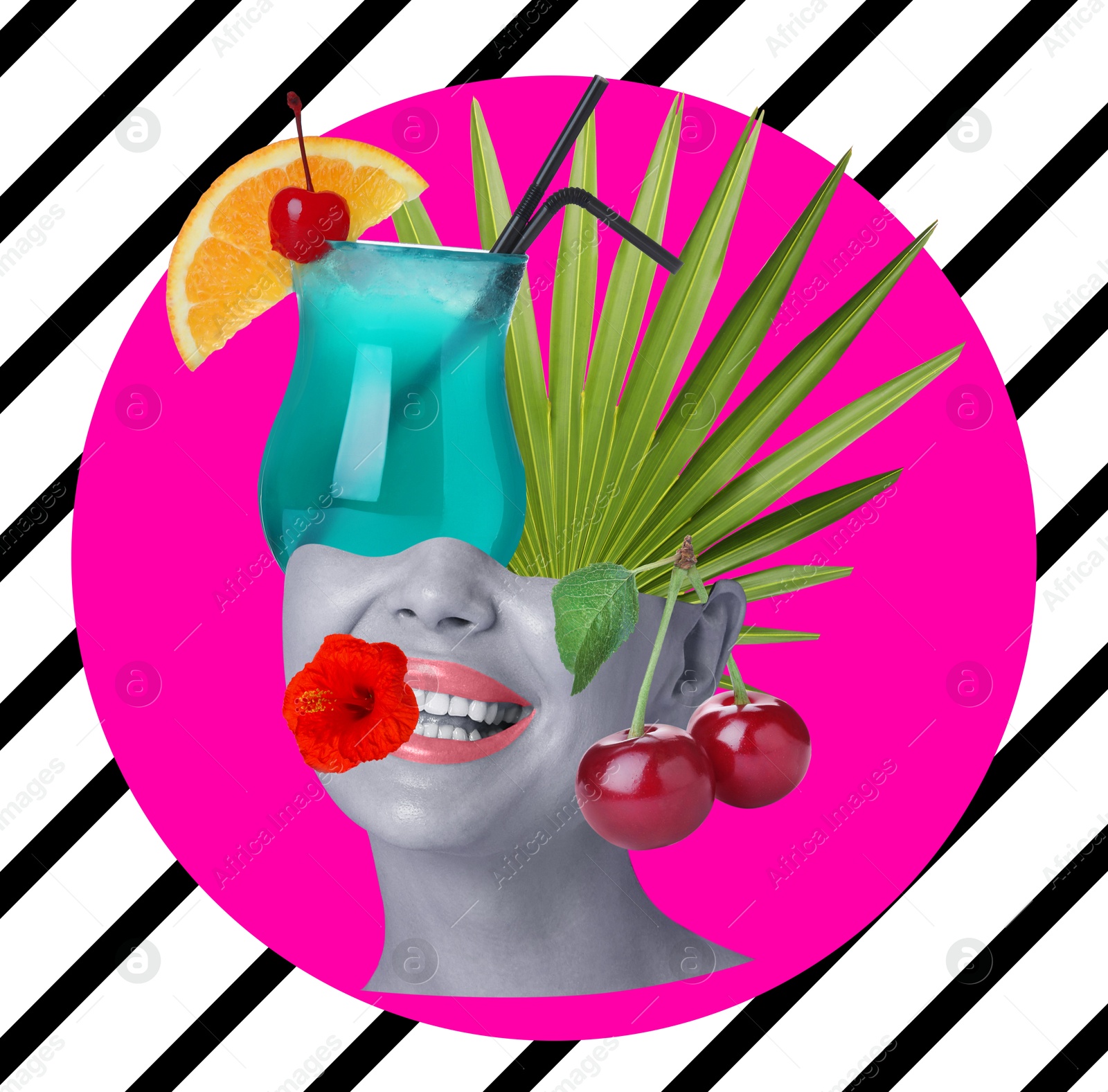 Summer party vibe. Blue Lagoon cocktail with fruits and palm leaf instead of woman's head on color background. Creative artwork Image of Summer party vibe. Blue Lagoon cocktail with fruits and palm leaf instead of woman's head on color background. Creative artwork