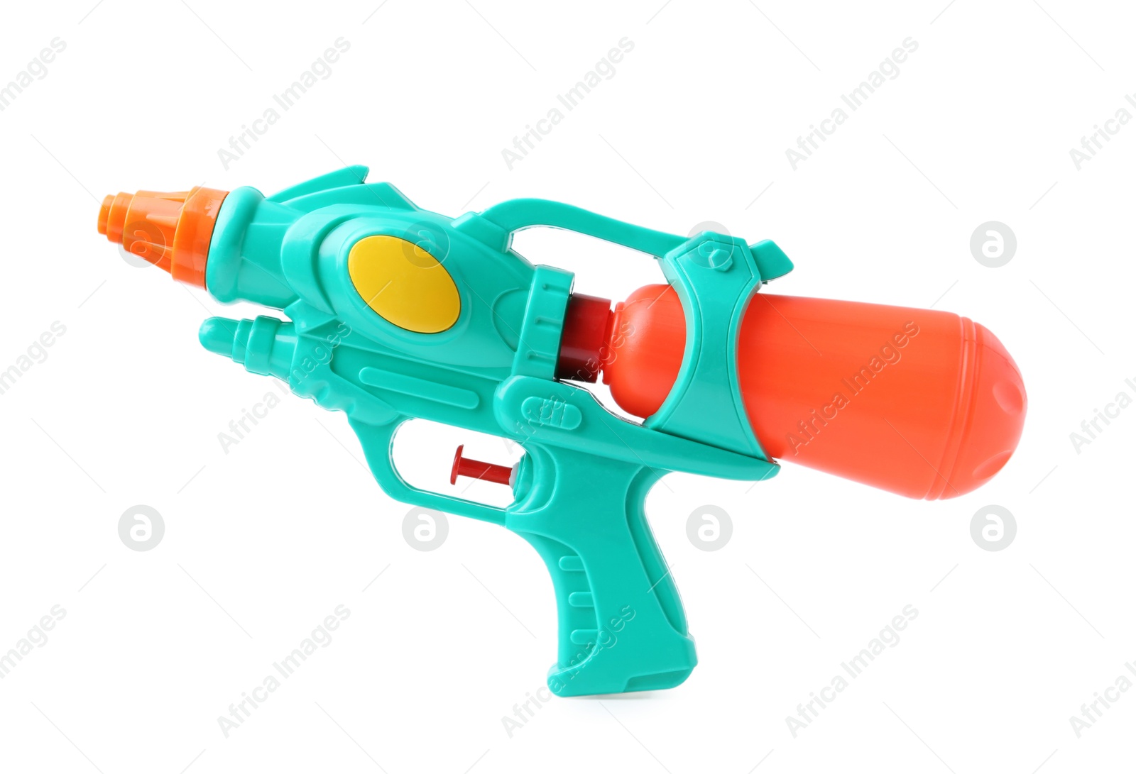 Bright plastic water gun isolated on white Photo of Bright plastic water gun isolated on white
