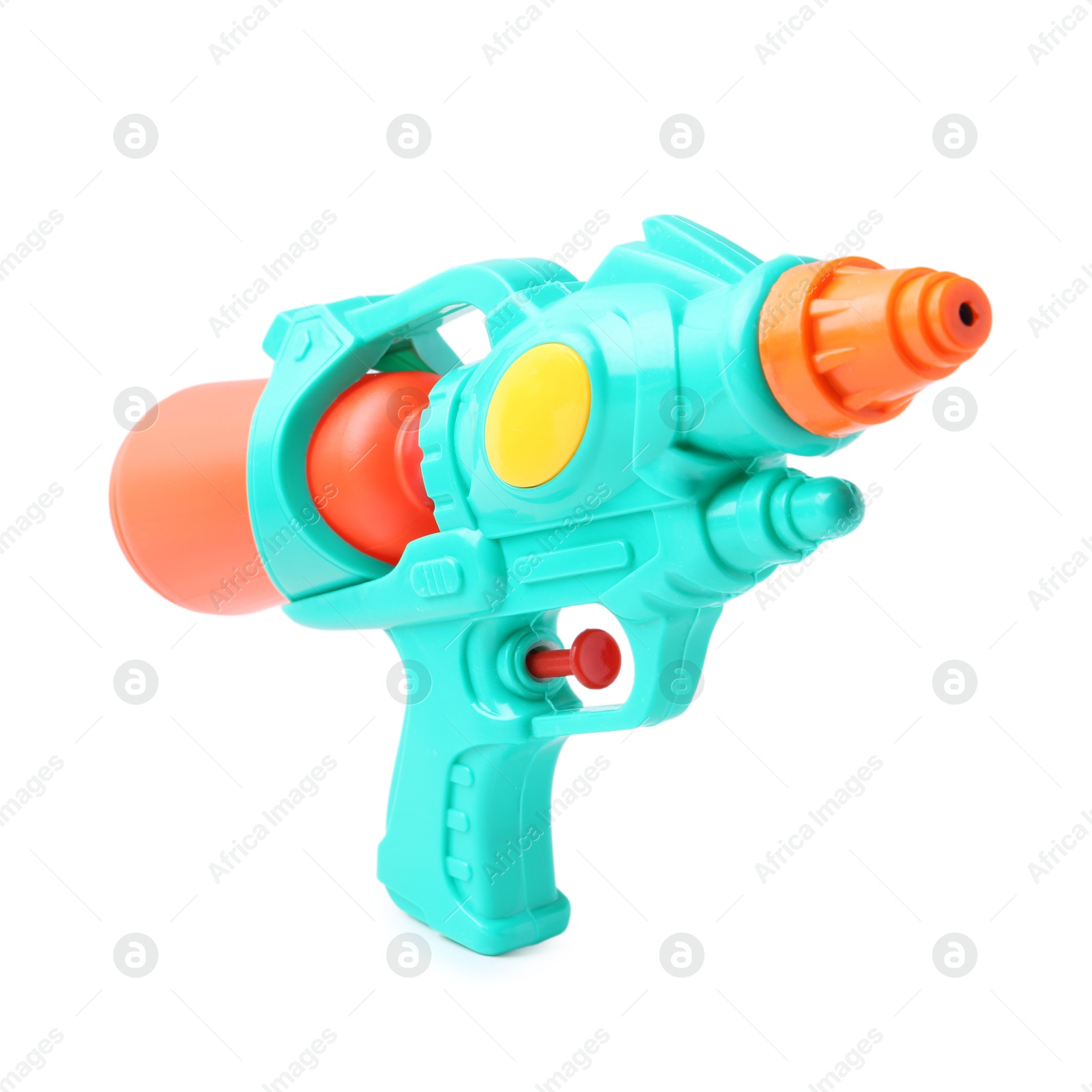 Bright plastic water gun isolated on white Photo of Bright plastic water gun isolated on white