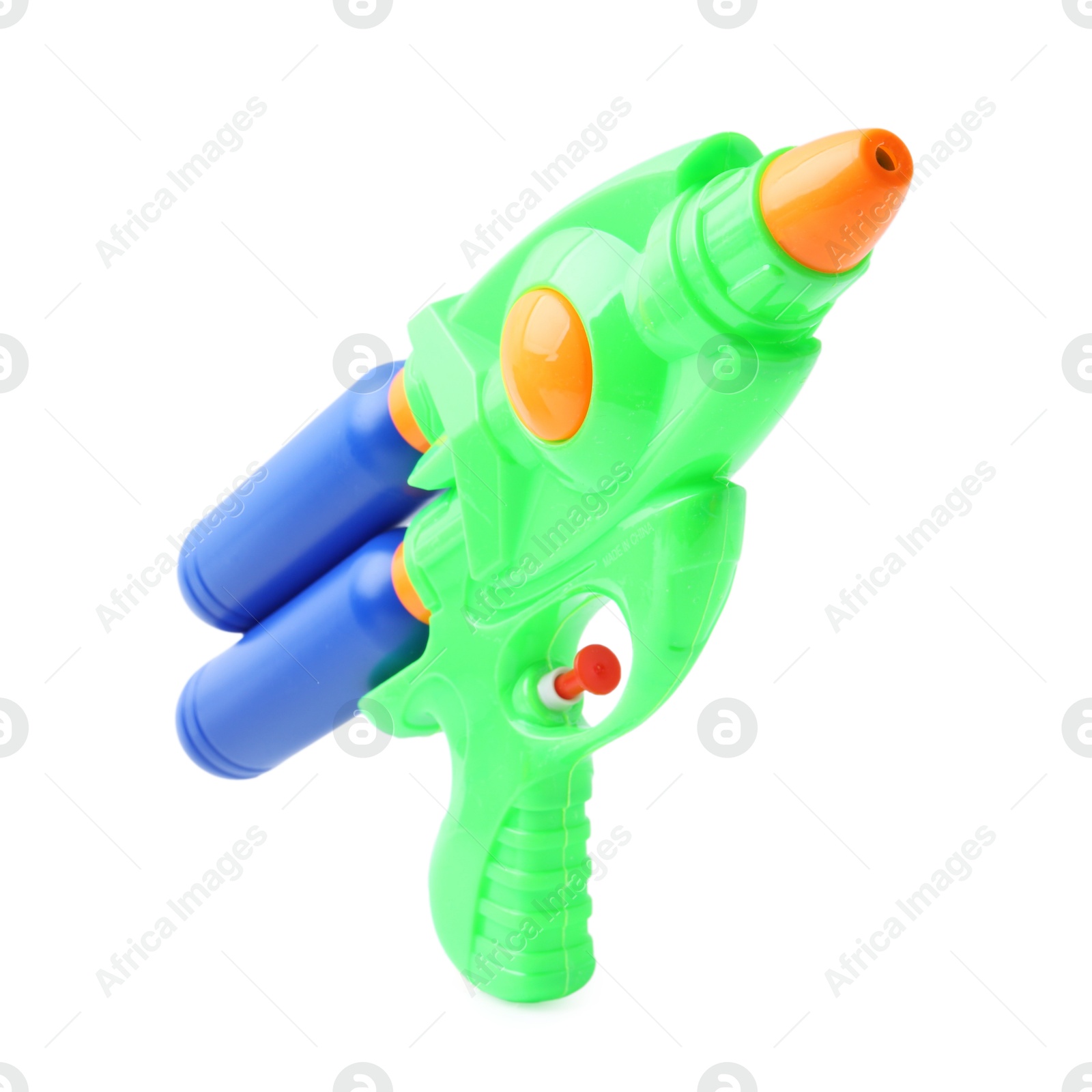 Bright plastic water gun isolated on white Photo of Bright plastic water gun isolated on white