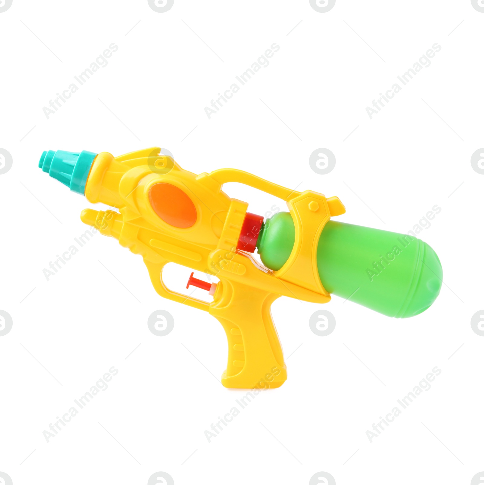 Bright plastic water gun isolated on white Photo of Bright plastic water gun isolated on white