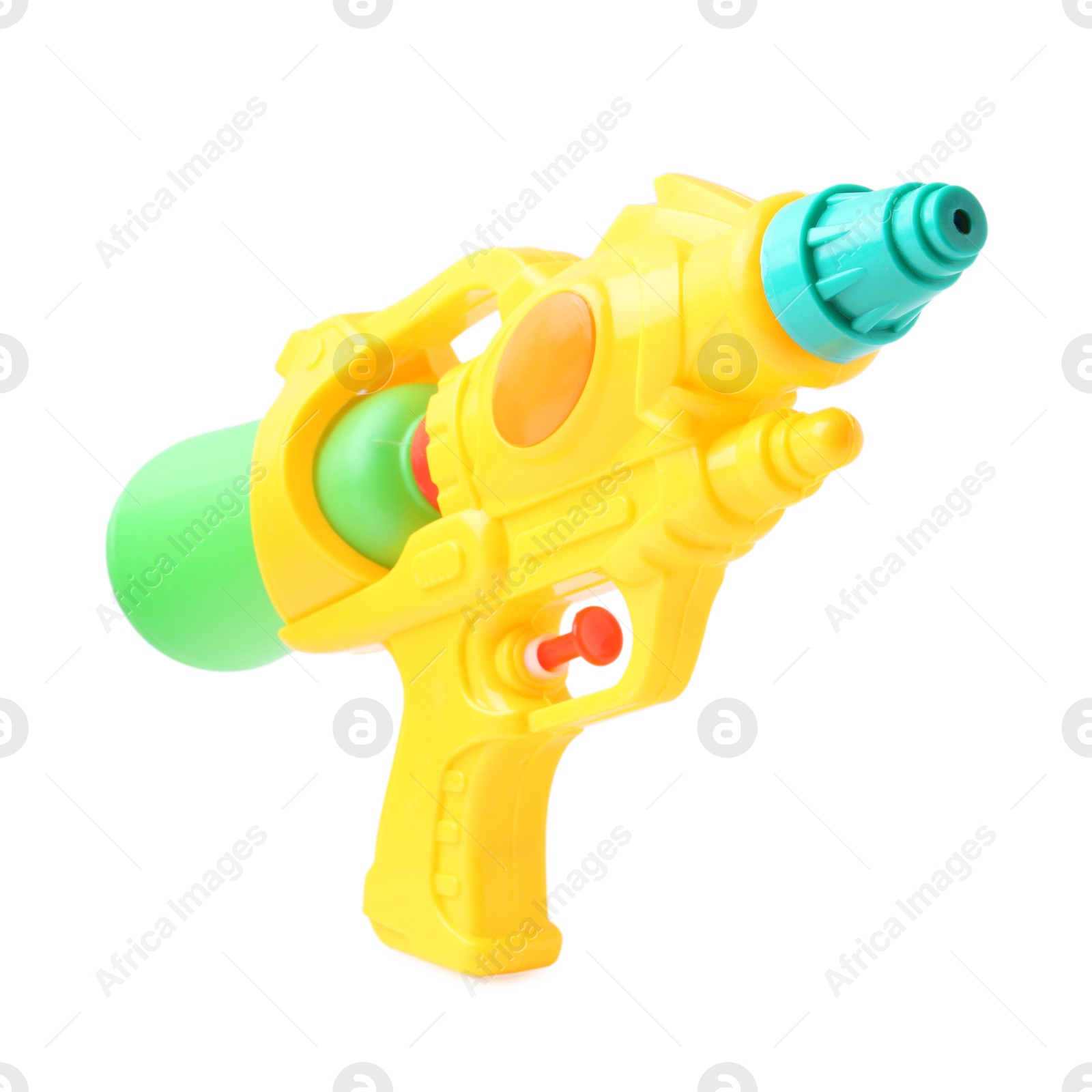 Bright plastic water gun isolated on white Photo of Bright plastic water gun isolated on white