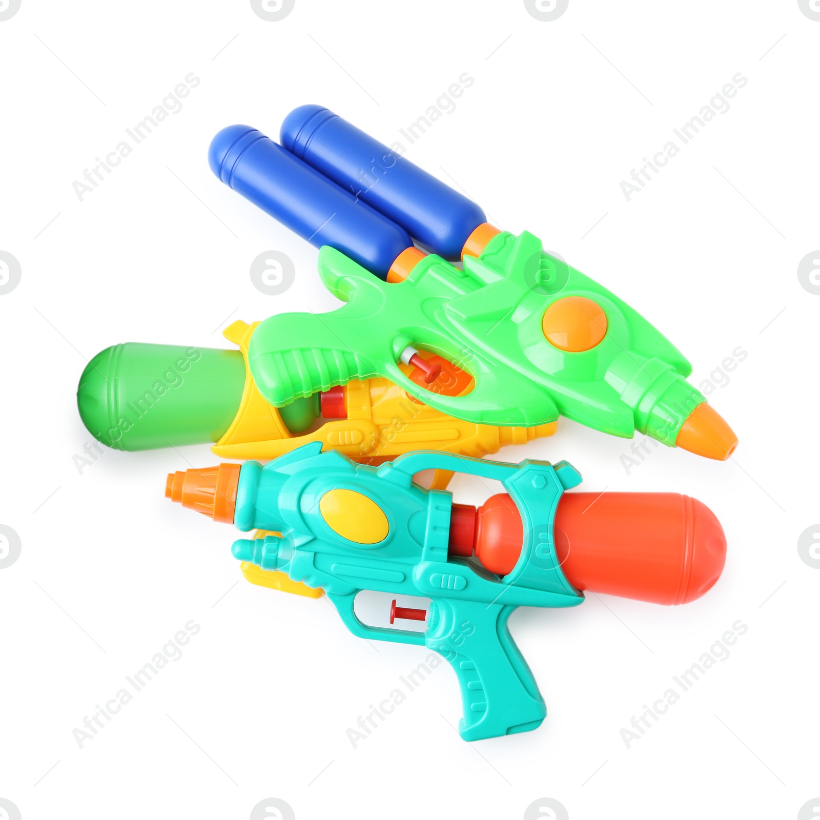 Bright plastic water guns isolated on white, top view Photo of Bright plastic water guns isolated on white, top view