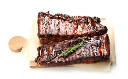 Photo of Tasty roasted pork ribs and rosemary isolated on white