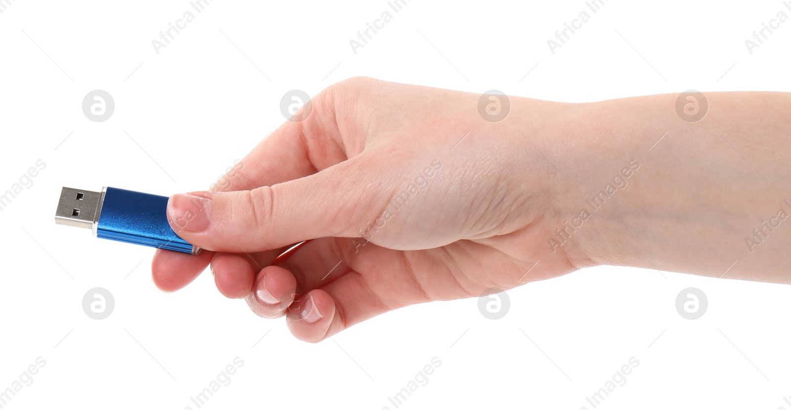 Woman holding usb flash drive on white background, closeup Photo of Woman holding usb flash drive on white background, closeup