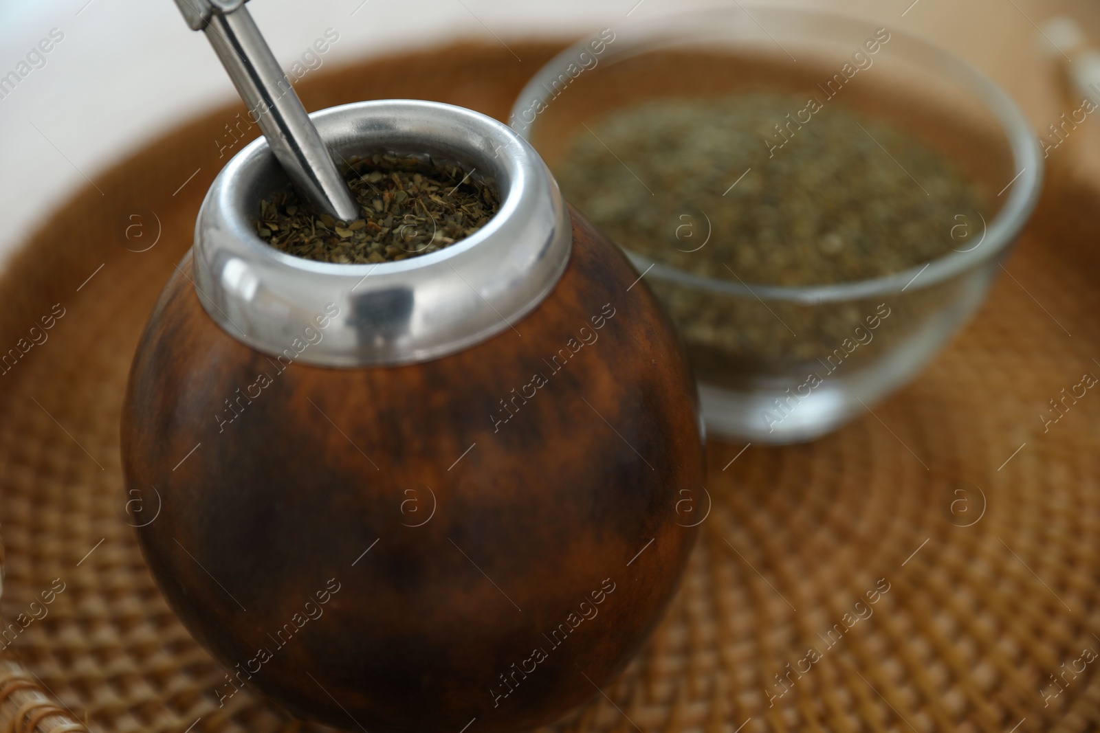 Traditional yerba mate tea on table, closeup Photo of Traditional yerba mate tea on table, closeup