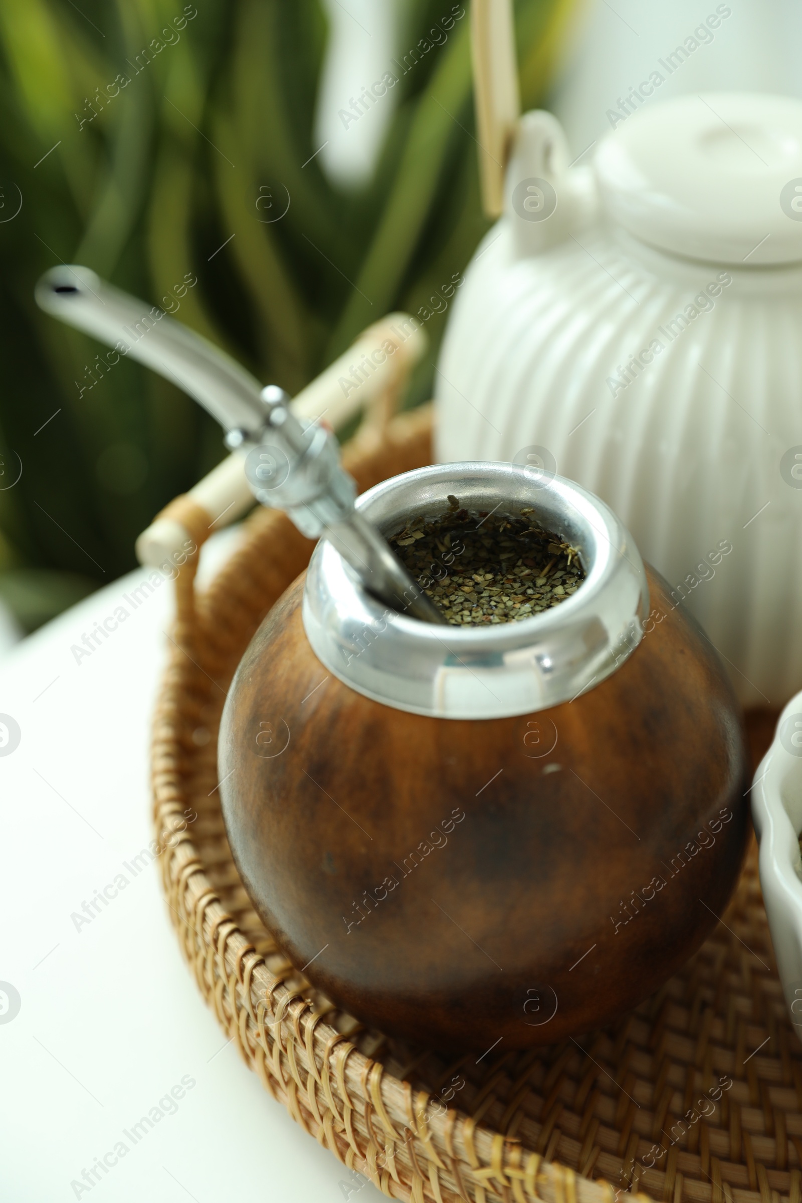 Traditional yerba mate tea on table, closeup Photo of Traditional yerba mate tea on table, closeup
