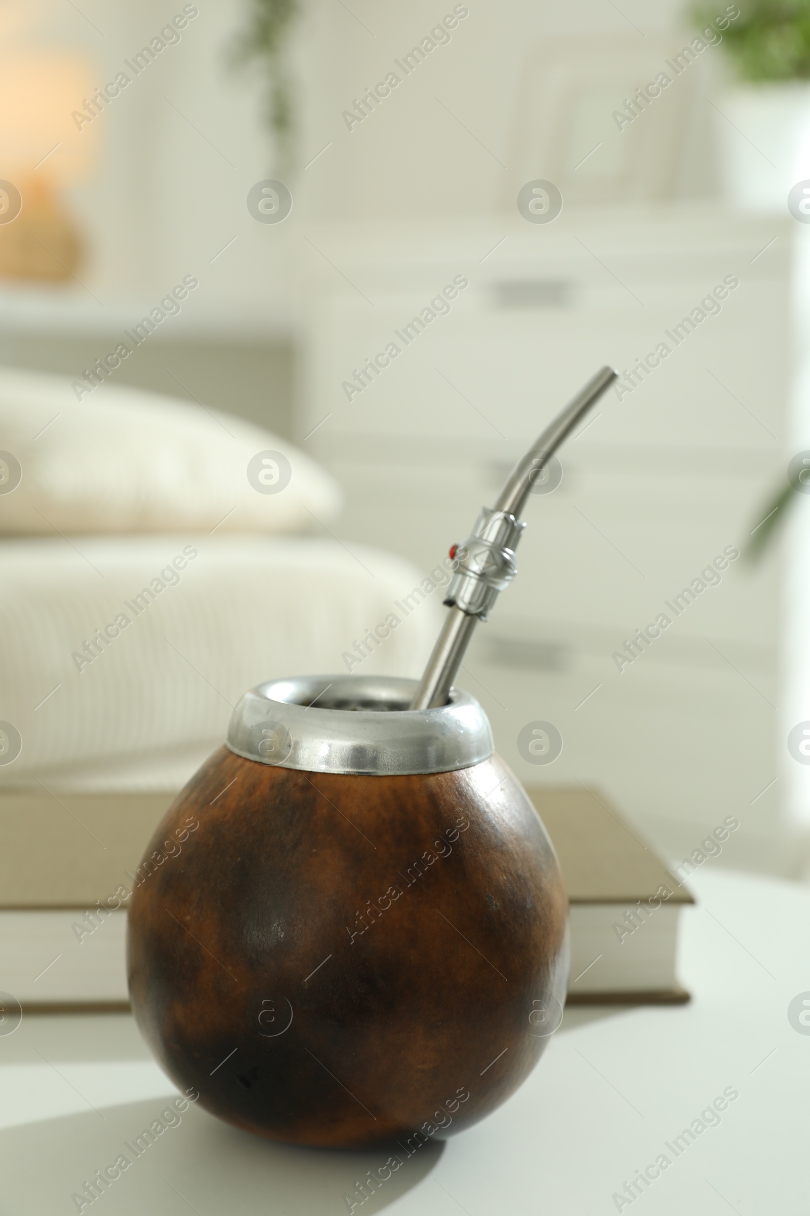 Traditional yerba mate tea on white table indoors Photo of Traditional yerba mate tea on white table indoors