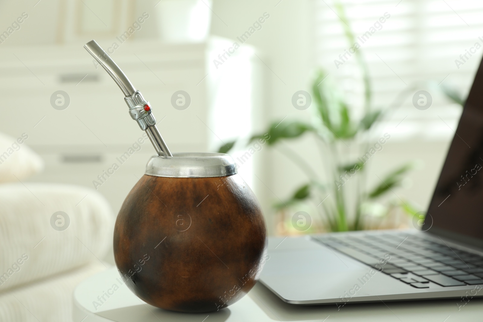 Traditional yerba mate tea and laptop on white table indoors Photo of Traditional yerba mate tea and laptop on white table indoors