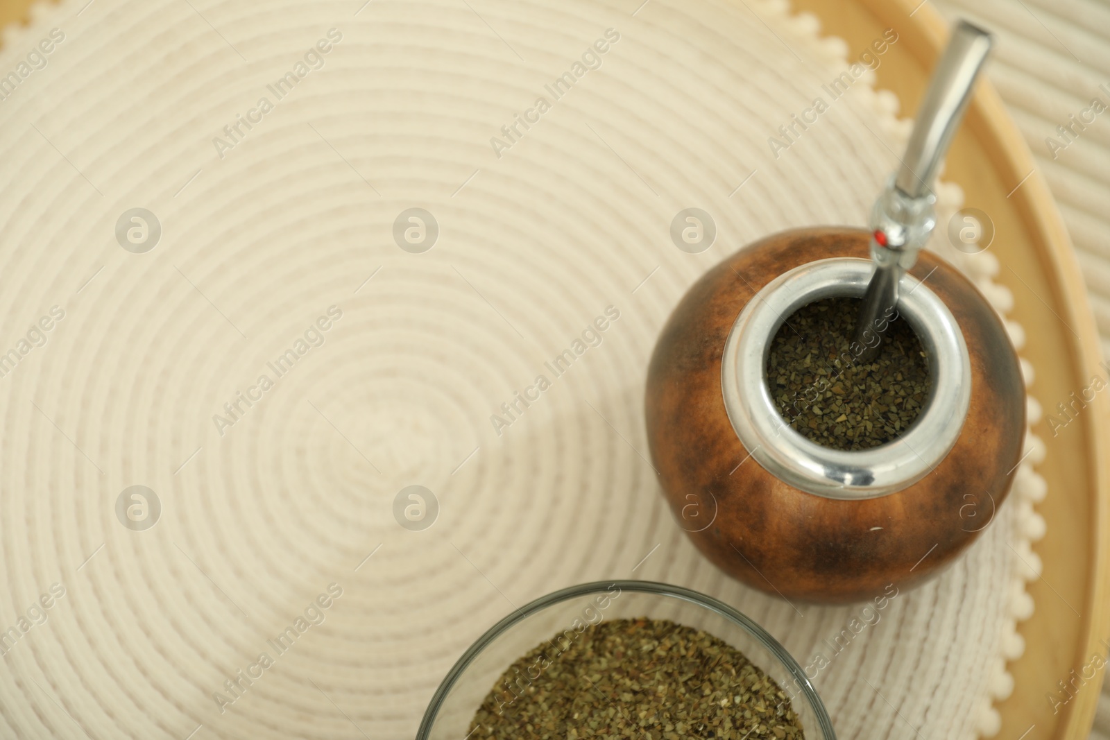Traditional yerba mate tea on table, above view. Space for text Photo of Traditional yerba mate tea on table, above view. Space for text