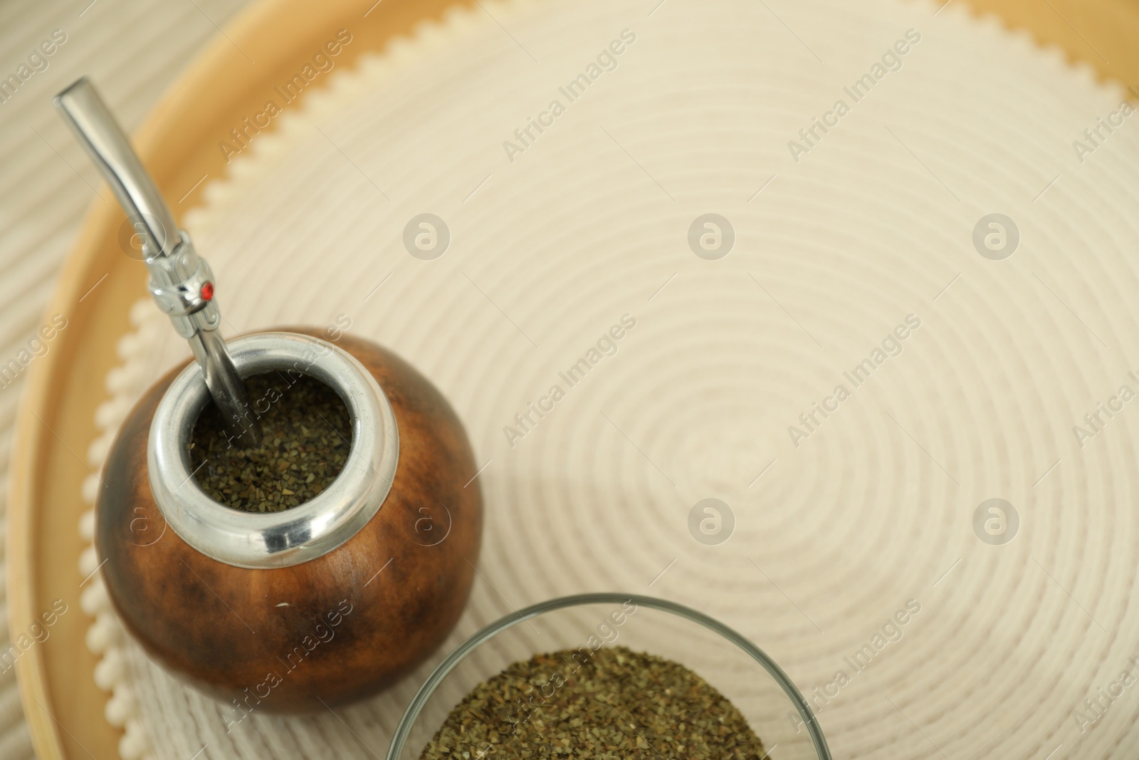 Traditional yerba mate tea on table, above view. Space for text Photo of Traditional yerba mate tea on table, above view. Space for text