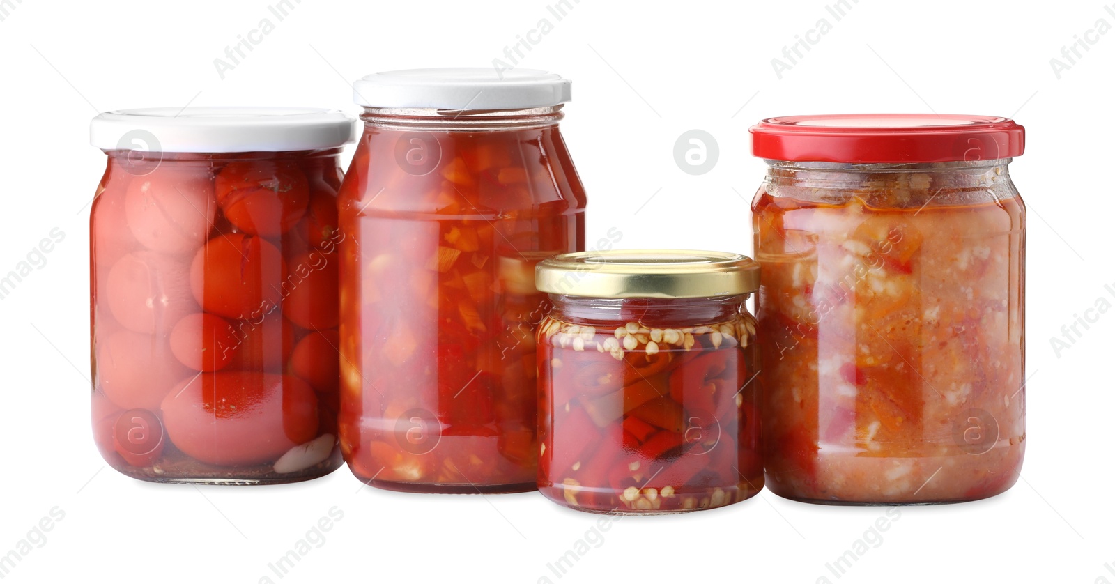 Many jars with different pickled products isolated on white Photo of Many jars with different pickled products isolated on white