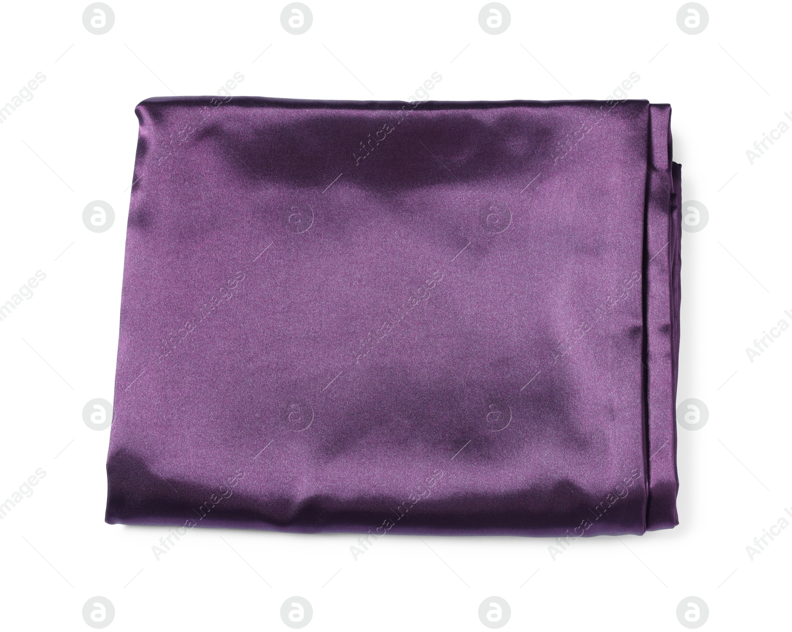 Photo of Silky purple bed linens on white background, top view