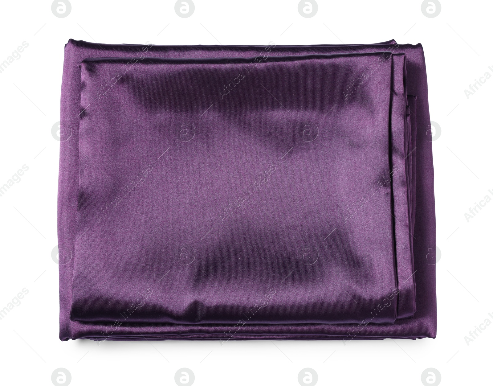 Silky purple bed linens on white background, top view Photo of Silky purple bed linens on white background, top view