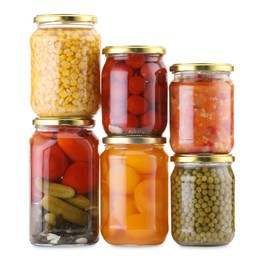 Photo of Many jars with different pickled products isolated on white