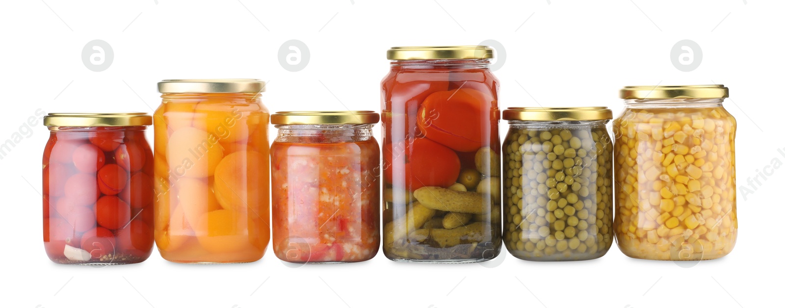Many jars with different pickled products isolated on white Photo of Many jars with different pickled products isolated on white