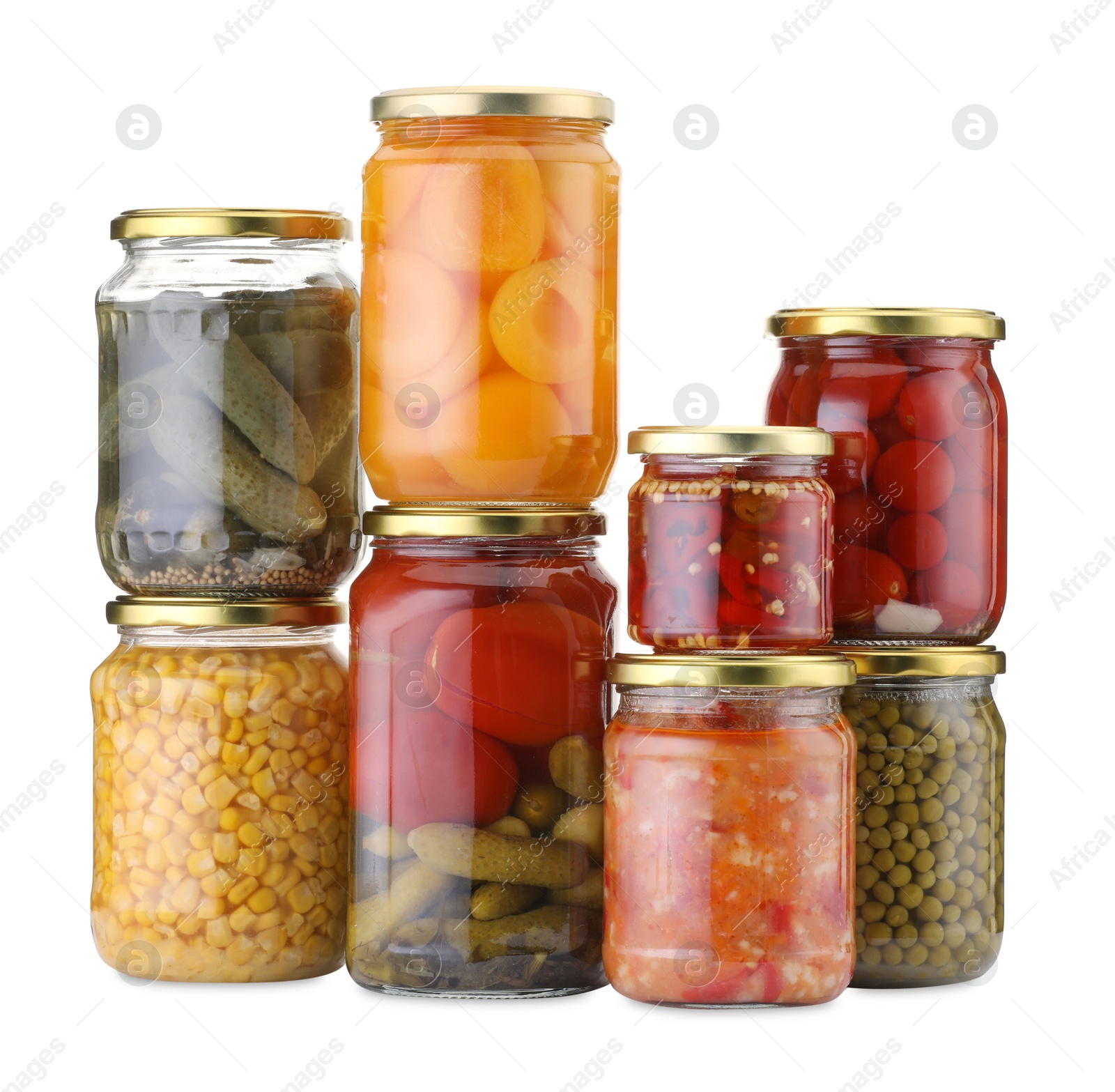 Many jars with different pickled products isolated on white Photo of Many jars with different pickled products isolated on white