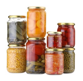 Photo of Many jars with different pickled products isolated on white