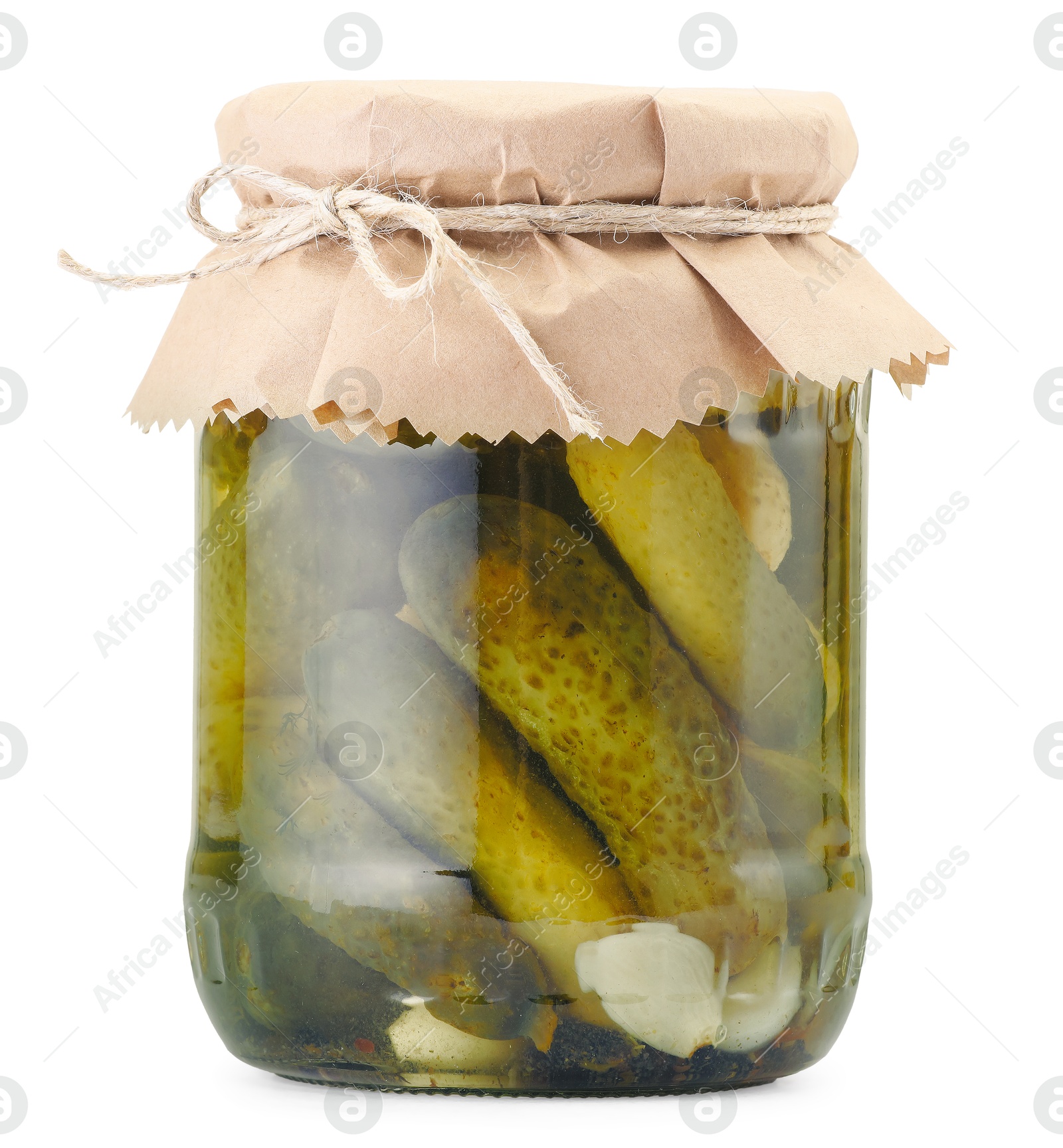 Tasty pickles in jar isolated on white Photo of Tasty pickles in jar isolated on white