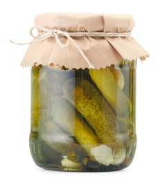 Photo of Tasty pickles in jar isolated on white